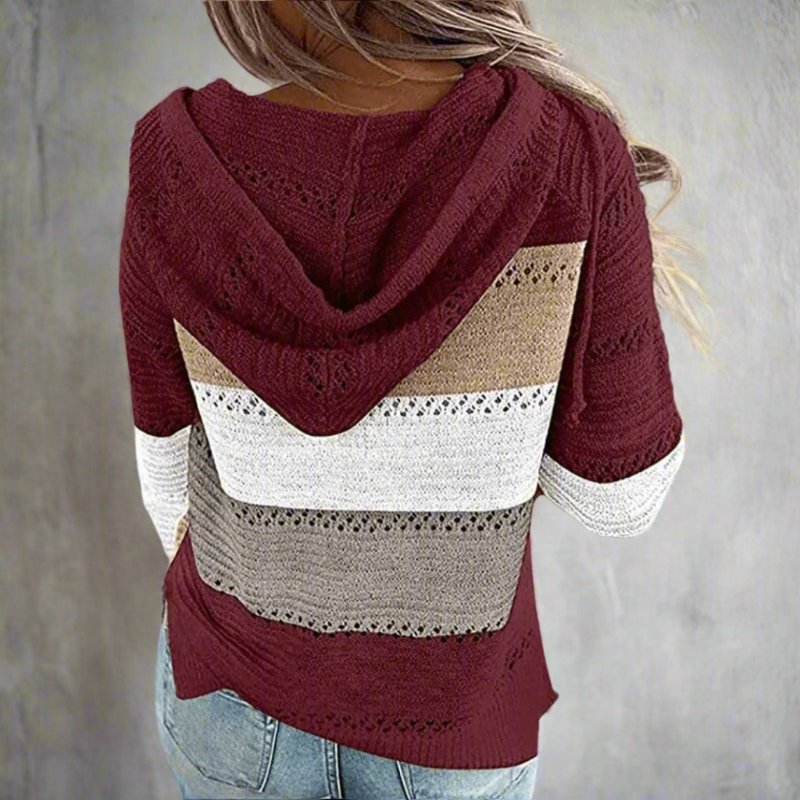 Damski sweter z wzorem w patchworkowe pasy i dekoltem V