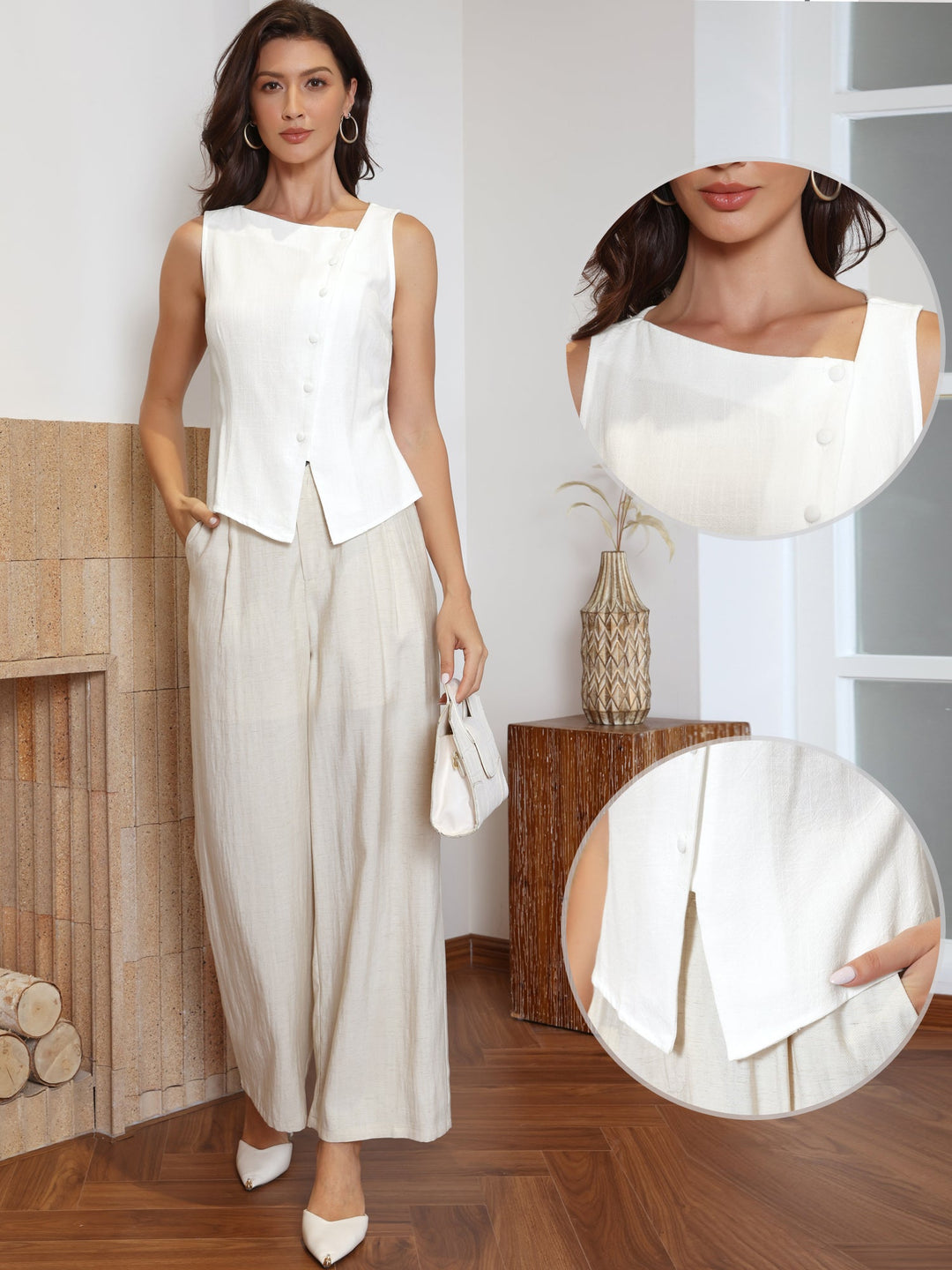 Damska bluzka bez rękawów z asymetrycznym dołem i guzikami