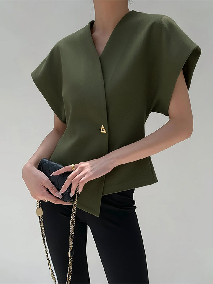 Damska Bluzka Bez Rękawów z Dekoltem V i Zapięciem na Guziki z Przodu