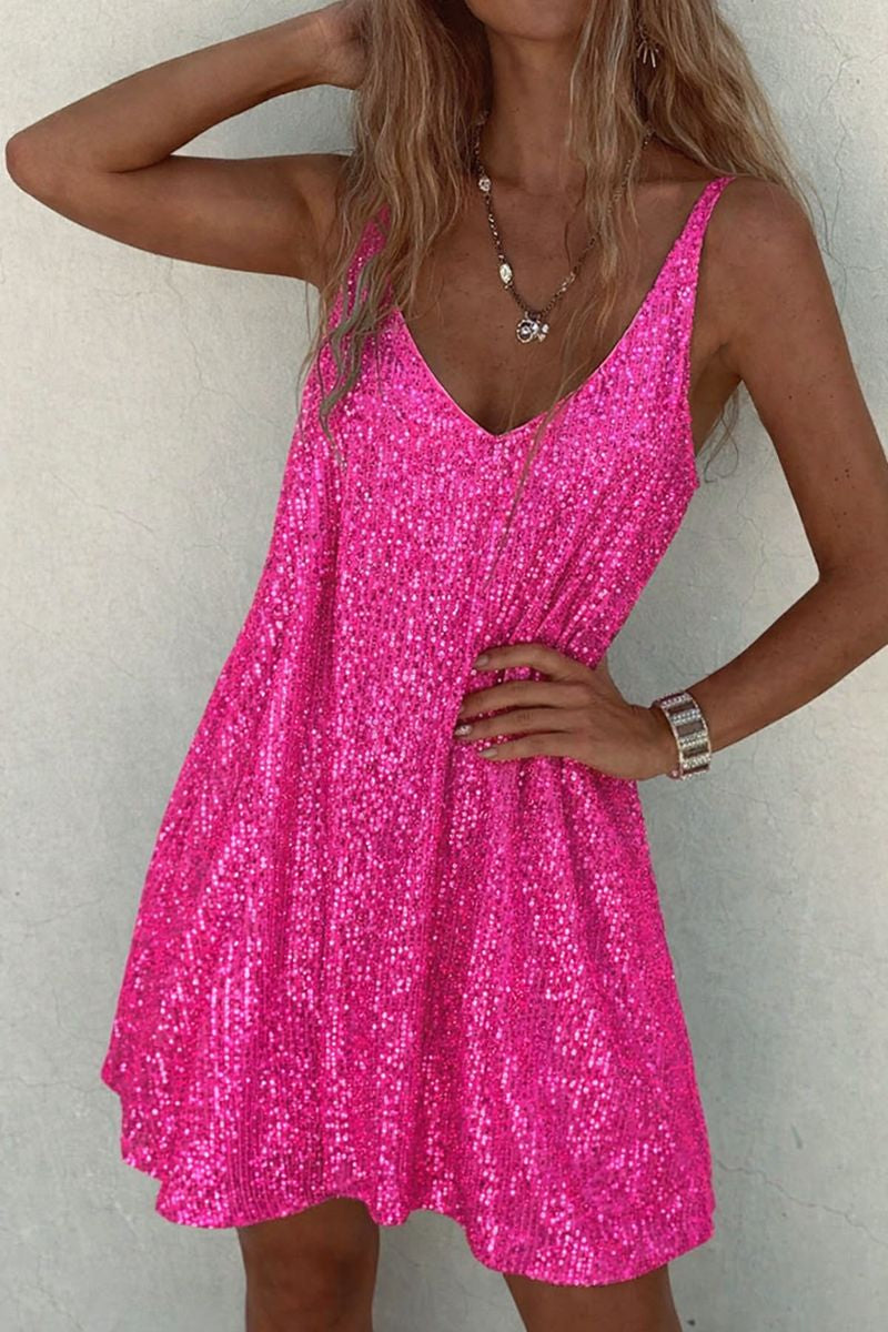 Damska Cekinowa Mini Sukienka na Ramiączkach z Dekoltem V