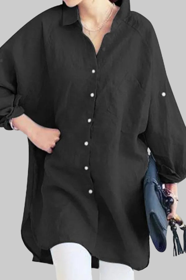 Damska Lniana Koszula Oversize z Długimi Rękawami i Kieszenią