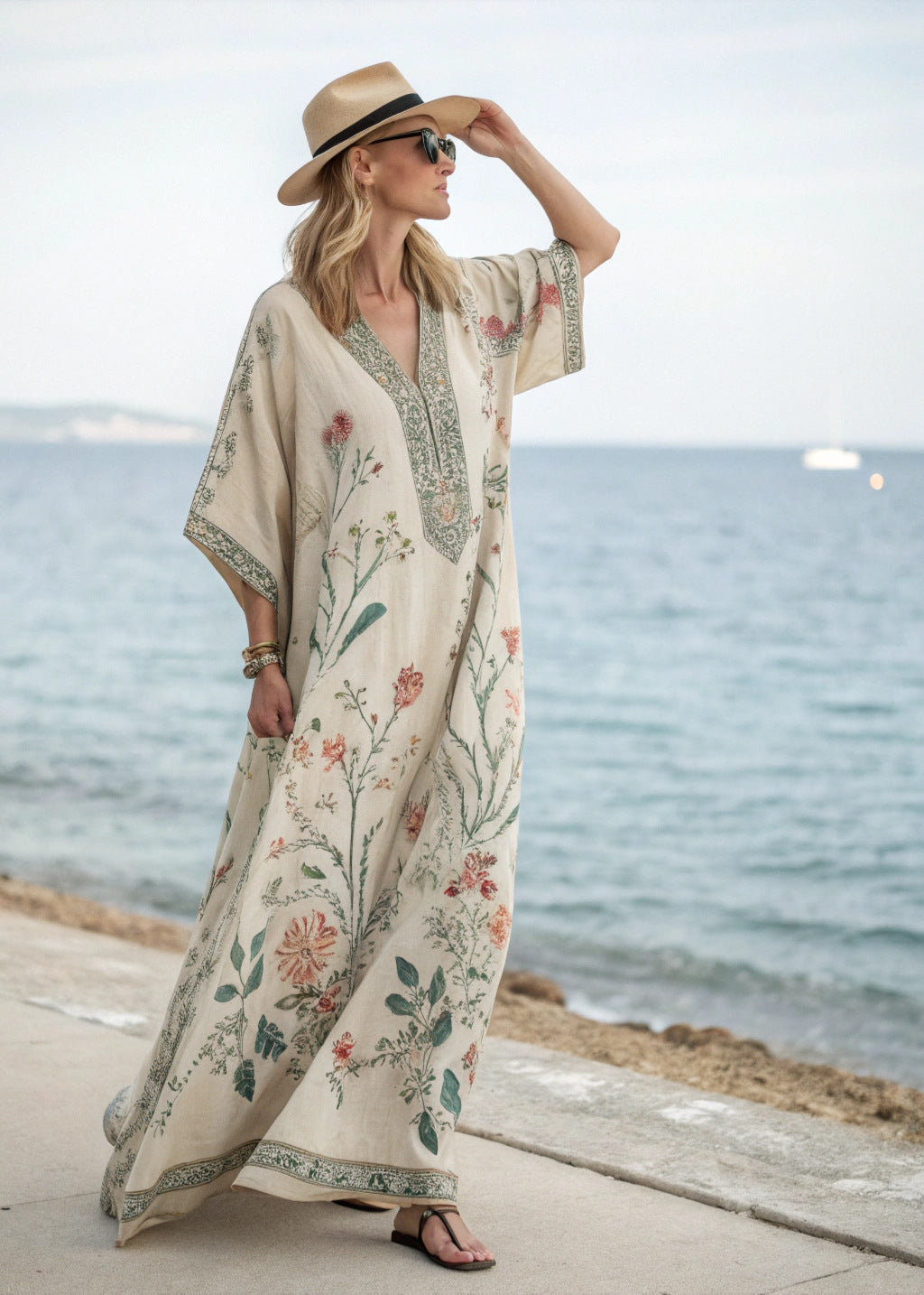 Damska sukienka maxi typu kaftan z wzorem kwiatowym