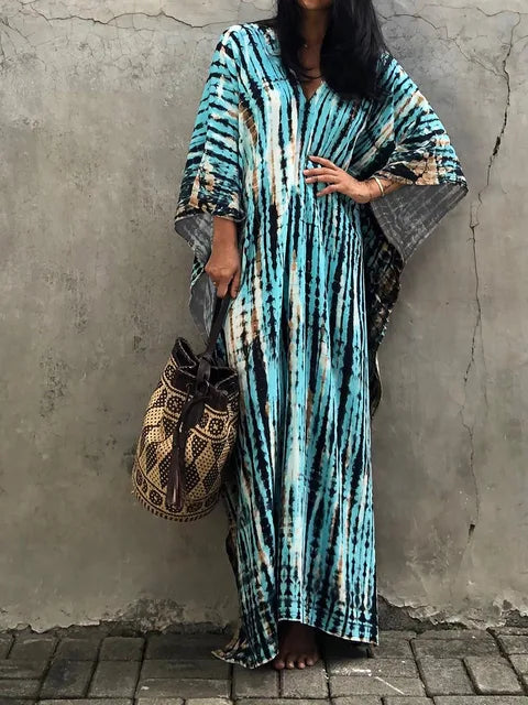 Damska Sukienka Maxi z Wzorem Tie-Dye i Dekoltem w Serek