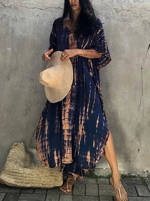 Damska Sukienka Maxi z Wzorem Tie-Dye i Dekoltem w Serek