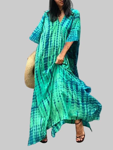 Damska Sukienka Maxi z Wzorem Tie-Dye i Dekoltem w Serek