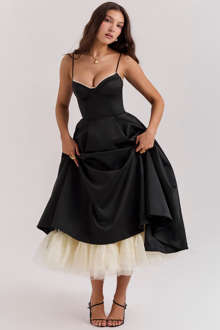 Damska sukienka midi z górą typu bustier i tiulem
