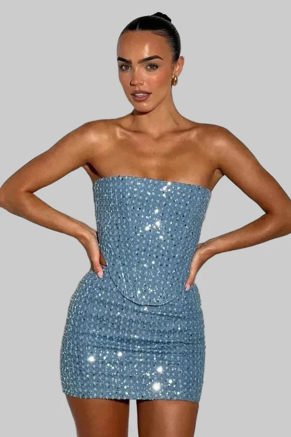 Damski Cekinowy Komplet z Gorsetem i Mini Spódnicą