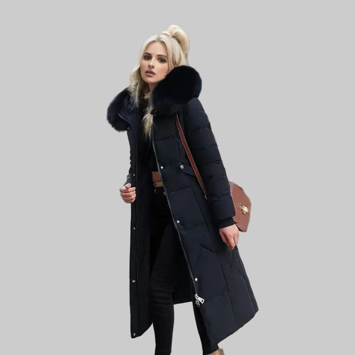 Damski Długi Płaszcz Pikowany z Wysokim Kołnierzem