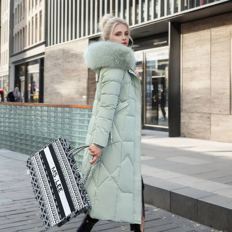 Damski Długi Płaszcz Pikowany z Wysokim Kołnierzem