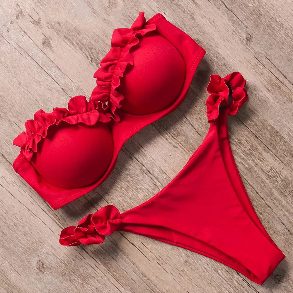 Damski Dwuczęściowy Bikini z Falbanami i Wiązaniem