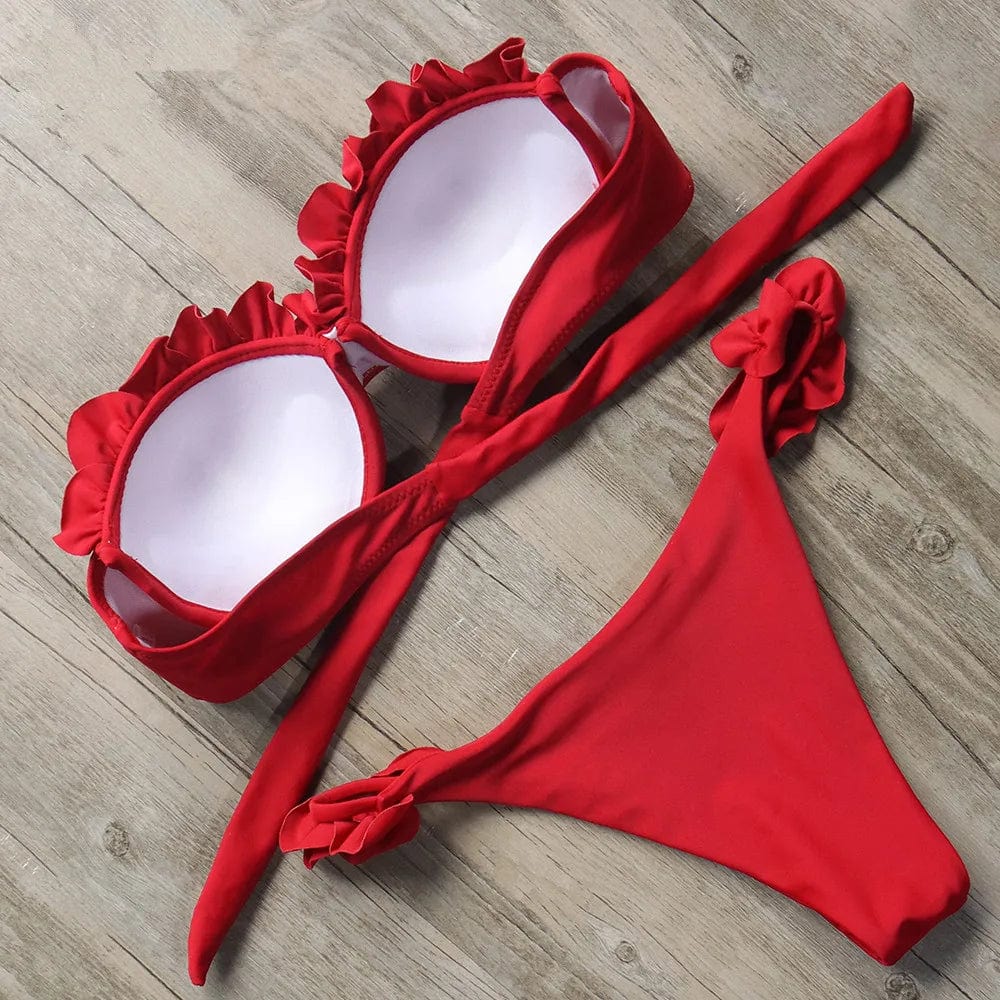 Damski Dwuczęściowy Bikini z Falbanami i Wiązaniem