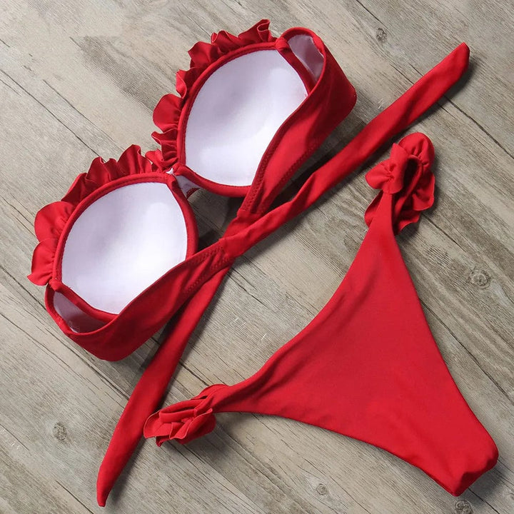 Damski Dwuczęściowy Bikini z Falbanami i Wiązaniem