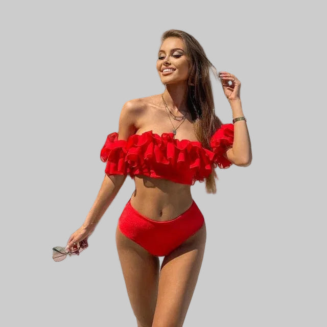 Damski Dwuczęściowy Bikini z Falbanami i Wysokim Stanem
