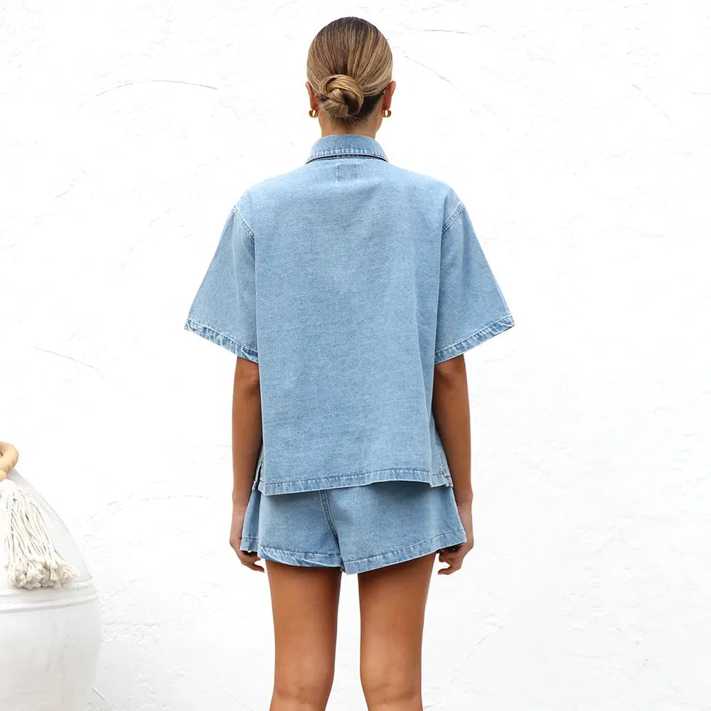 Damski Dwuczęściowy Komplet Jeansowy z Koszulą i Szortami