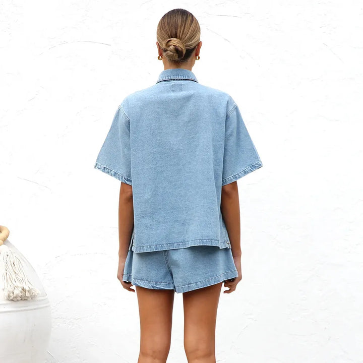 Damski Dwuczęściowy Komplet Jeansowy z Koszulą i Szortami