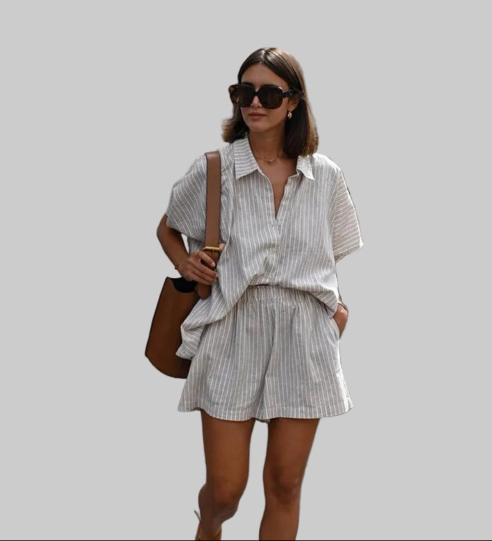 Damski Dwuczęściowy Komplet Koszula w Paski i Szorty