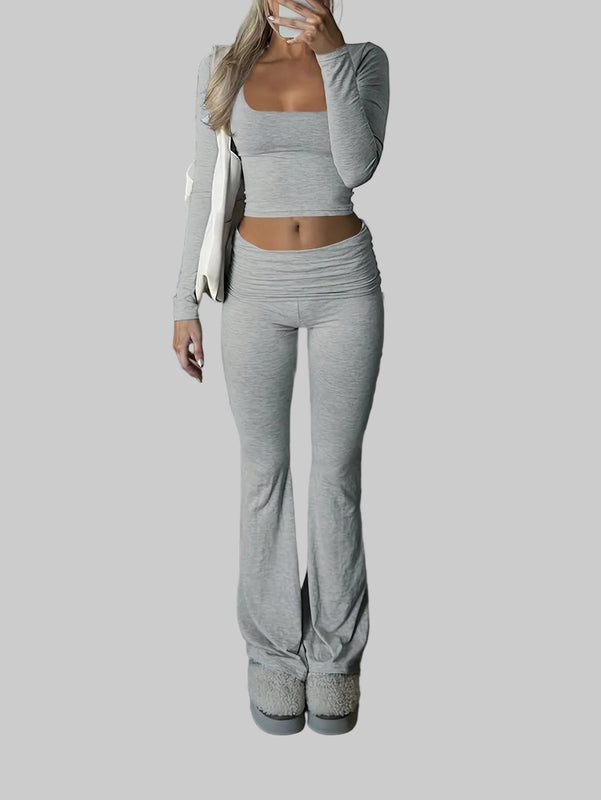 Damski Komplet Dwuczęściowy Top z Kwadratowym Dekoltem i Spodnie