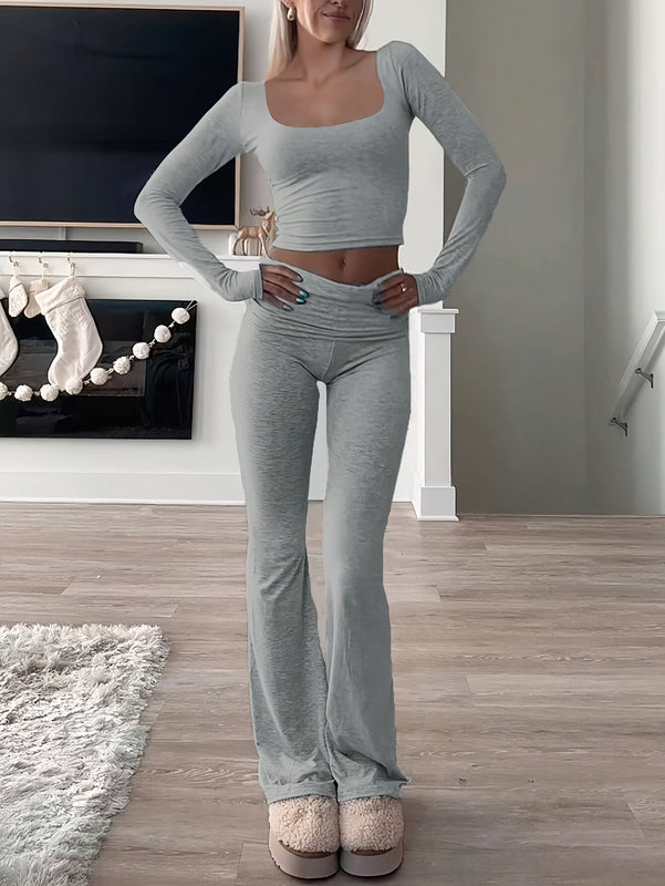 Damski Komplet Dwuczęściowy Top z Kwadratowym Dekoltem i Spodnie