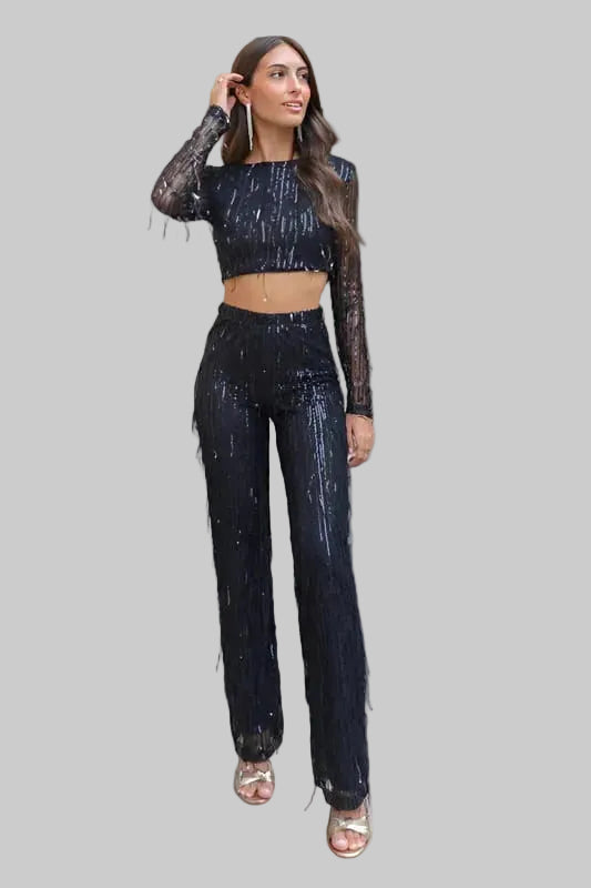 Damski Komplet Dwuczęściowy z Metalicznym Wykończeniem