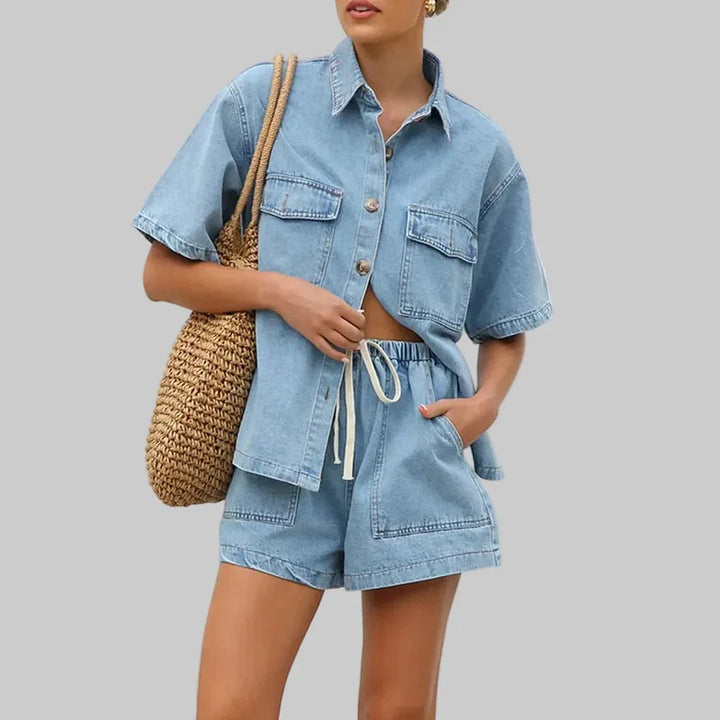 Damski Komplet Jeansowy Koszula i Szorty ze Sznurkiem