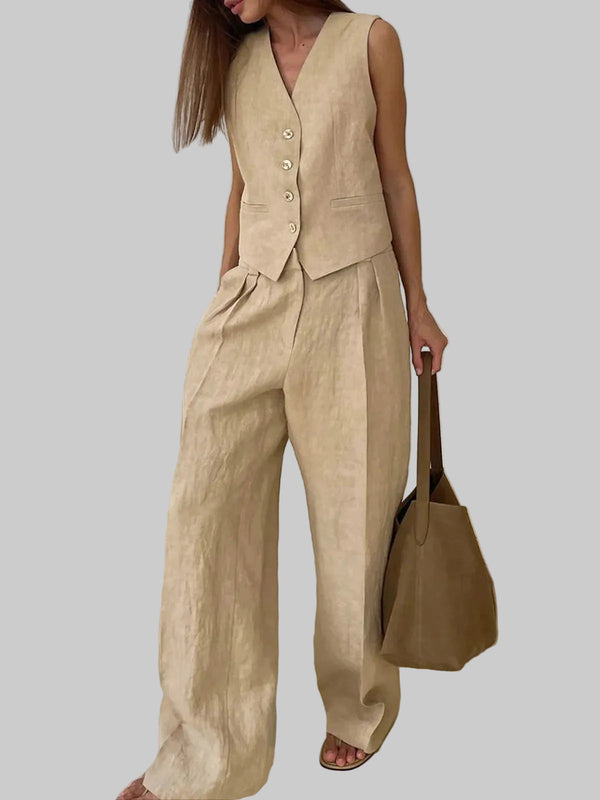 Damski Komplet Kamizelka z Dekoltem V i Szerokie Spodnie