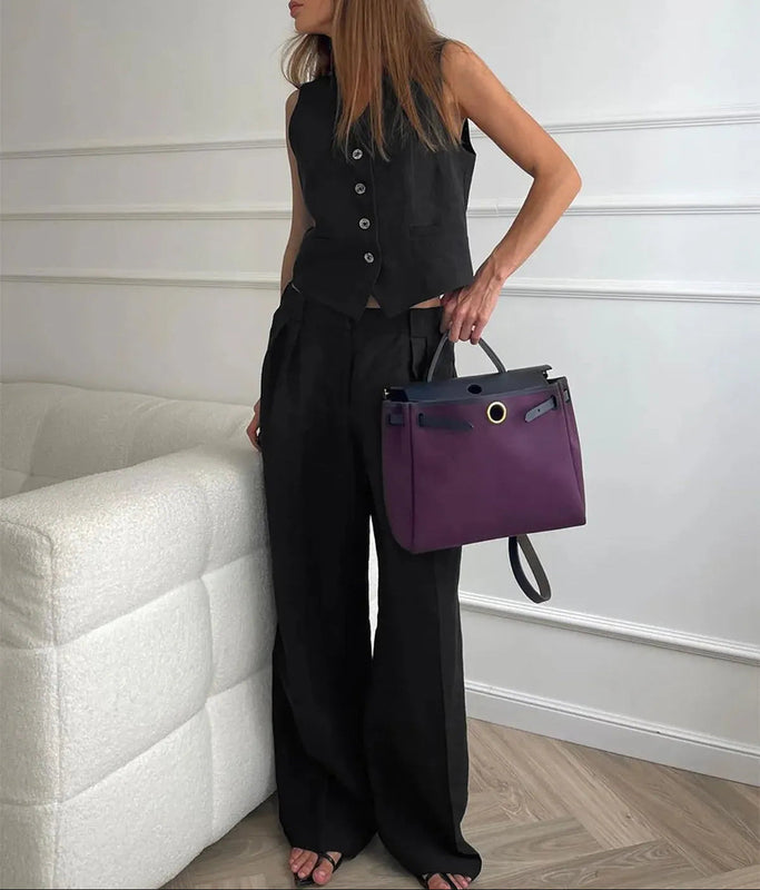 Damski Komplet Kamizelka z Dekoltem V i Szerokie Spodnie