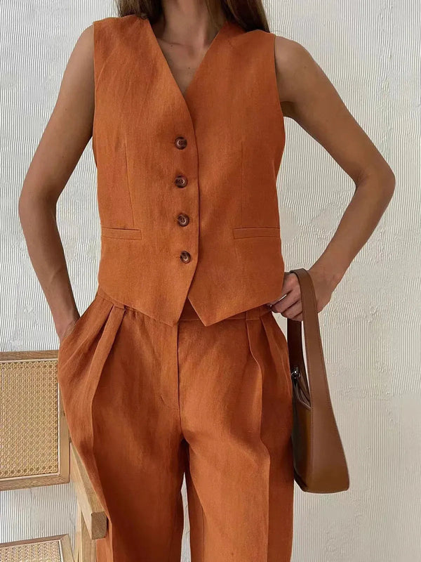 Damski Komplet Kamizelka z Dekoltem V i Szerokie Spodnie