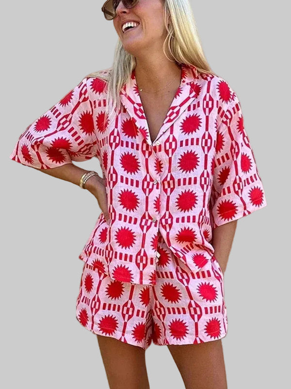 Damski Komplet Koszula z Krótkim Rękawem i Szorty we Wzór Geometryczny z Kołnierzem