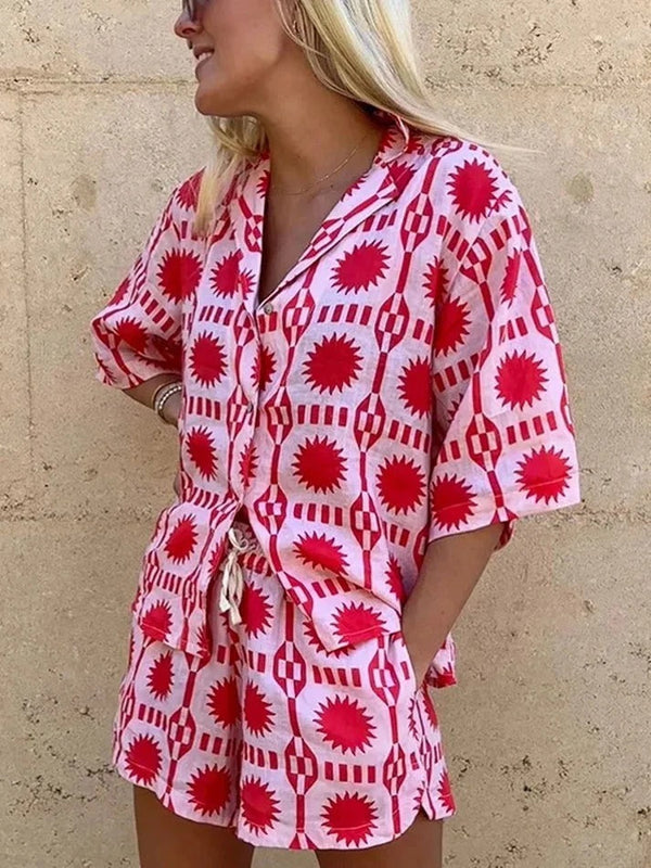 Damski Komplet Koszula z Krótkim Rękawem i Szorty we Wzór Geometryczny z Kołnierzem