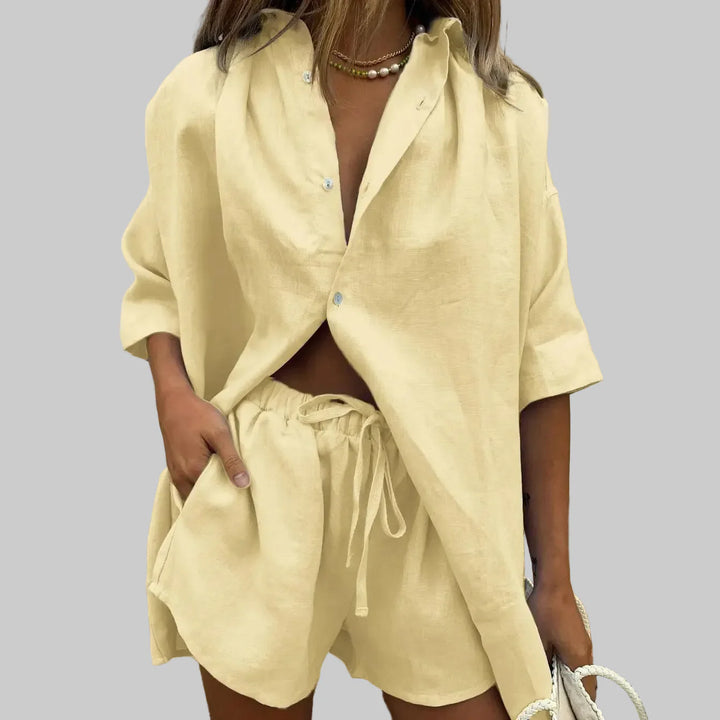 Damski Komplet Koszula z Guzikami i Szorty ze Sznurkiem