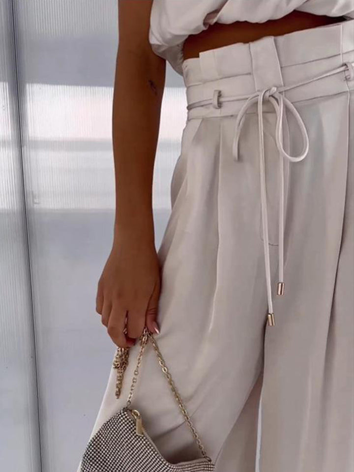 Damski Komplet Top Wiązany na Szyi i Szerokie Spodnie