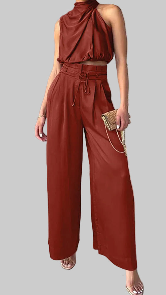 Damski Komplet Top Wiązany na Szyi i Szerokie Spodnie