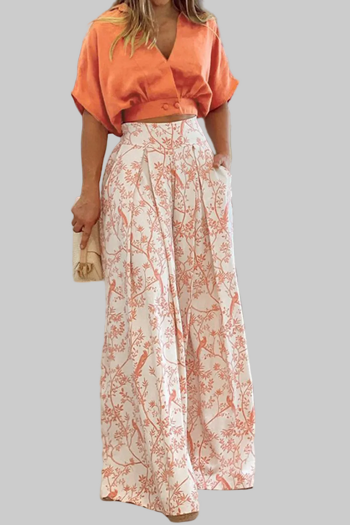 Damski Komplet Top z Dekoltem V i Szerokie Spodnie we Wzór