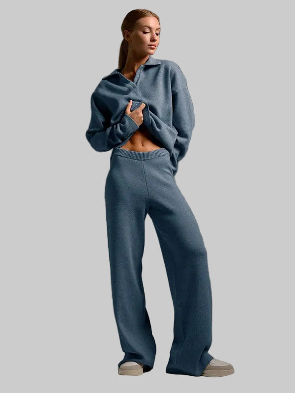 Damski Komplet z Bluzą i Spodniami z Dzianinową Teksturą