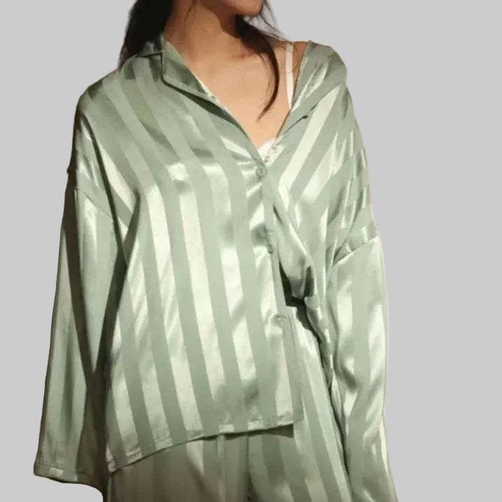 Damski Komplet z Koszulą na Guziki i Spodniami w Paski