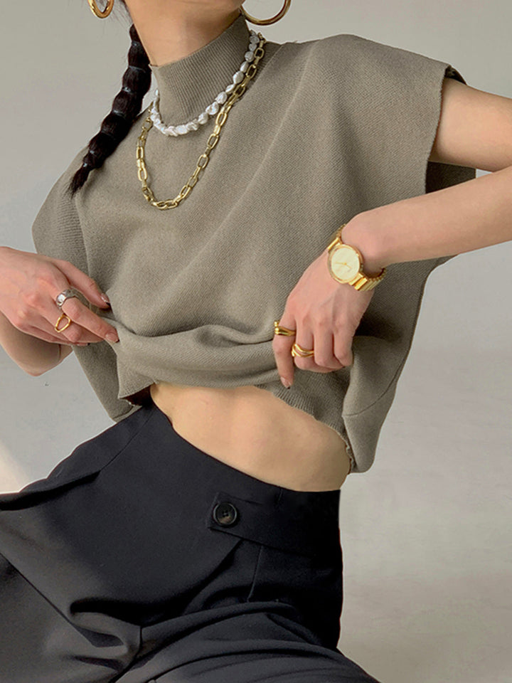 Bluzka damska bez rękawów, w jednolitym kolorze, z okrągłym dekoltem