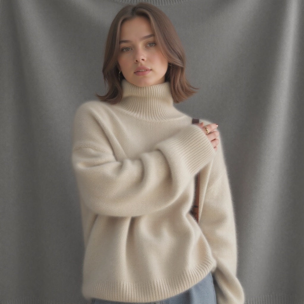 Damski sweter oversize z golfem i dzianinową powierzchnią