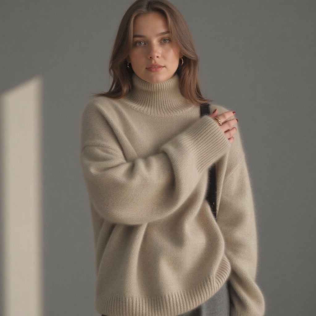 Damski sweter oversize z golfem i dzianinową powierzchnią