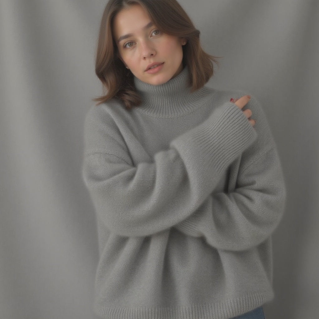 Damski sweter oversize z golfem i dzianinową powierzchnią