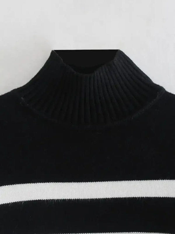 Damski Sweter z Wysokim Golfem w Poziome Paski z Długimi Rękawami