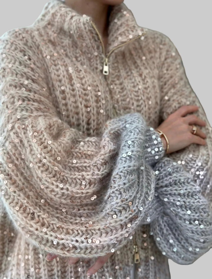 Damski Sweter z Zamkiem Błyskawicznym z Przodu i Detalami z Cekinów