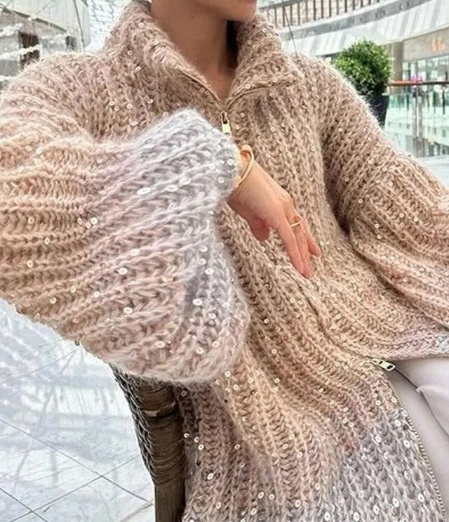Damski Sweter z Zamkiem Błyskawicznym z Przodu i Detalami z Cekinów