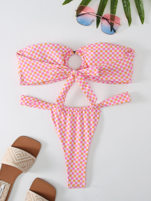 Damskie bikini bandeau w kratke z kokarda