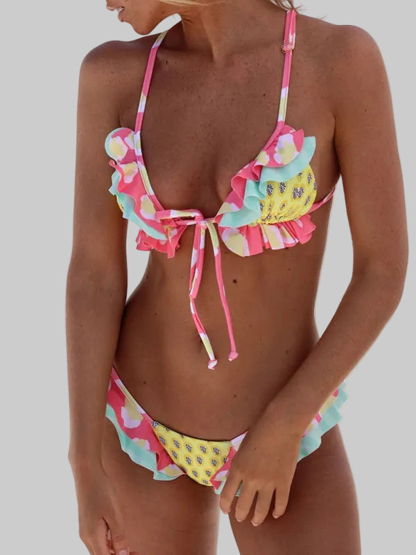 Damskie bikini z wzorem kwiatowym i falbankami
