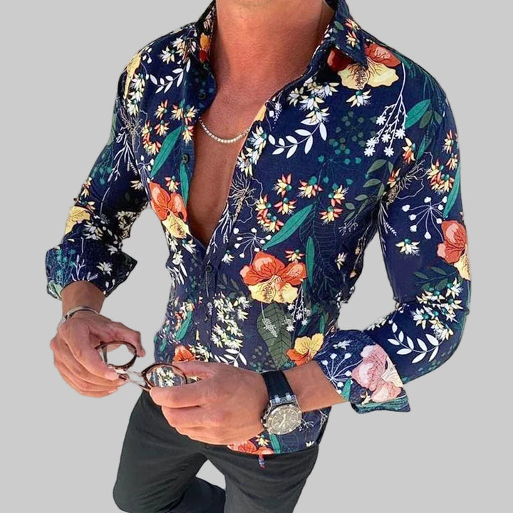 Męska Koszula Hawajska z Długim Rękawem i Wzorem Kwiatowym