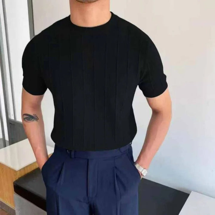 Męski T-Shirt z Okrągłym Dekoltem i Teksturowaną Powierzchnią w Prążki