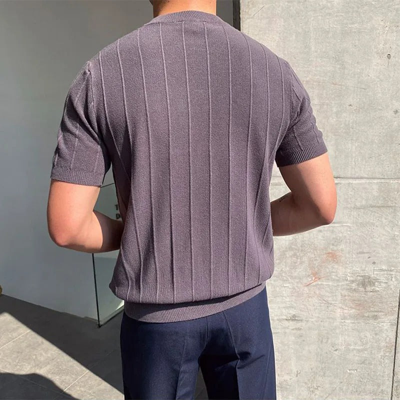 Męski T-Shirt z Okrągłym Dekoltem i Teksturowaną Powierzchnią w Prążki