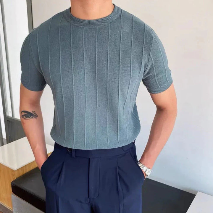 Męski T-Shirt z Okrągłym Dekoltem i Teksturowaną Powierzchnią w Prążki